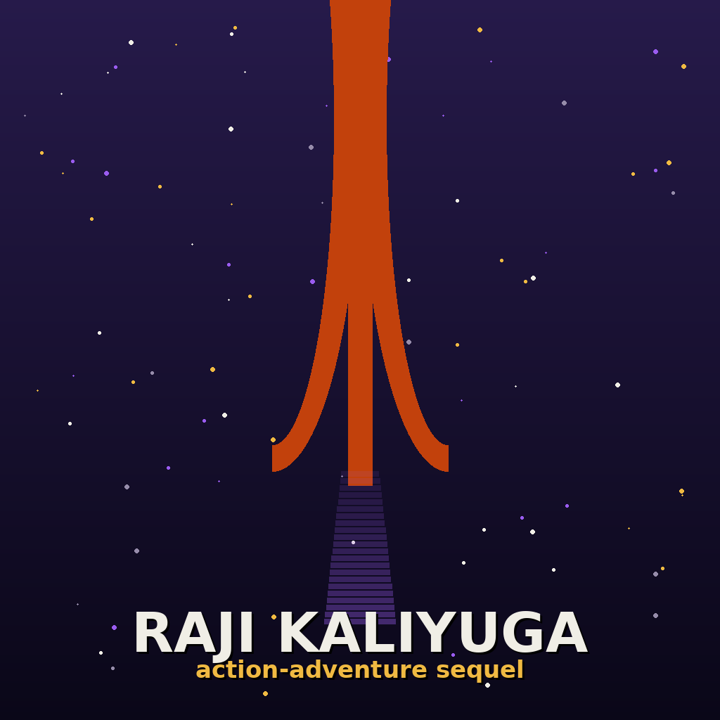 Original unofficial wiki brand illustration: deep-indigo night sky with a saffron and violet trishul and the Raji Kaliyuga wordmark; not a game screenshot.